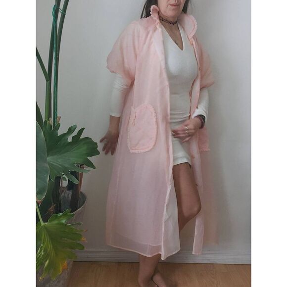 50s Vintage HouseCoat Duster Ruffle Floral Rhinestone Buttons Bow Robe - Picture 4 of 8